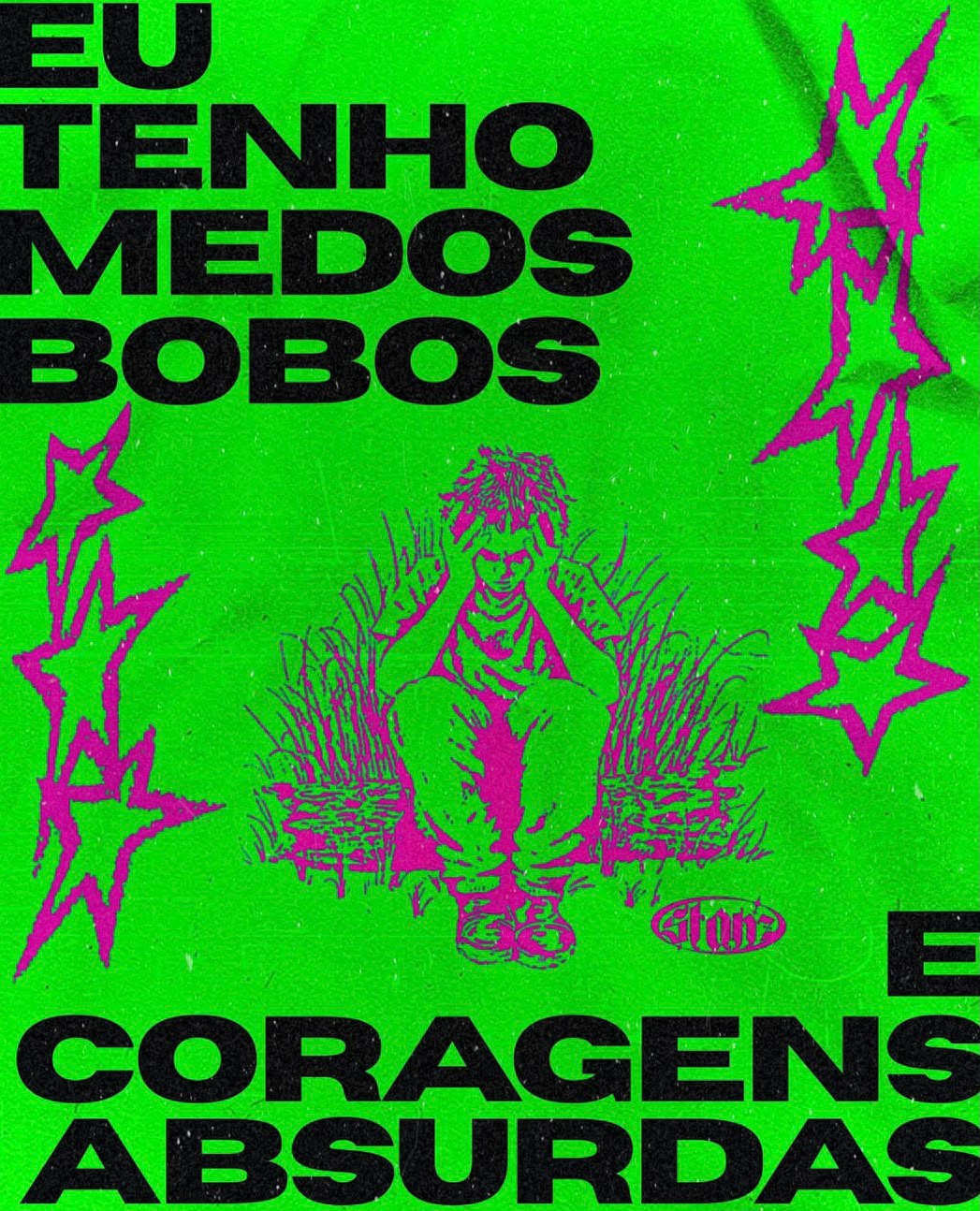 Pôster STANZ verde com ilustração magenta e texto sobre medos e coragem