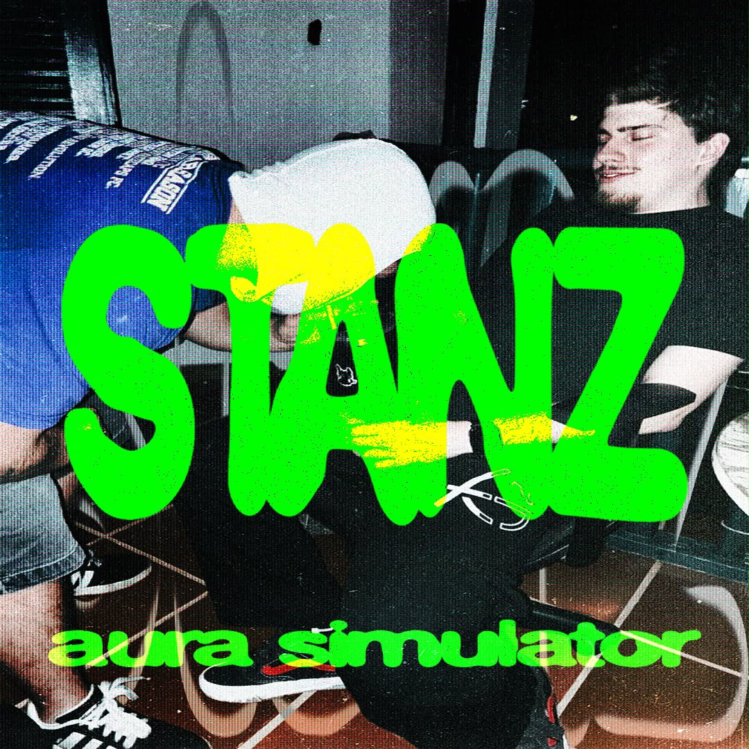 Arte STANZ com amigos e lettering verde sobre fotografia