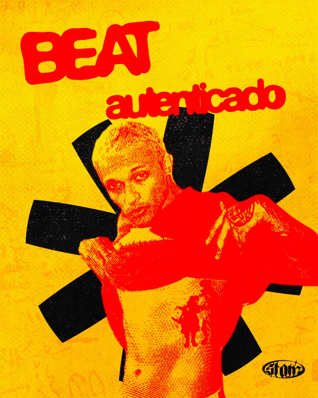 Pôster Beat autenticado da STANZ com retrato vermelho sobre fundo amarelo