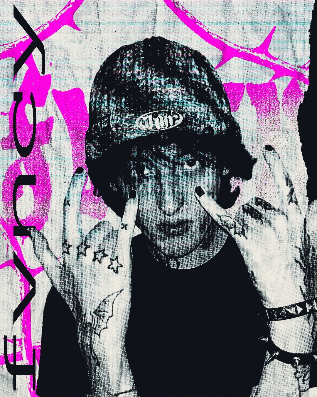 Colagem FVNCY da STANZ de retrato em preto e branco com elementos magenta